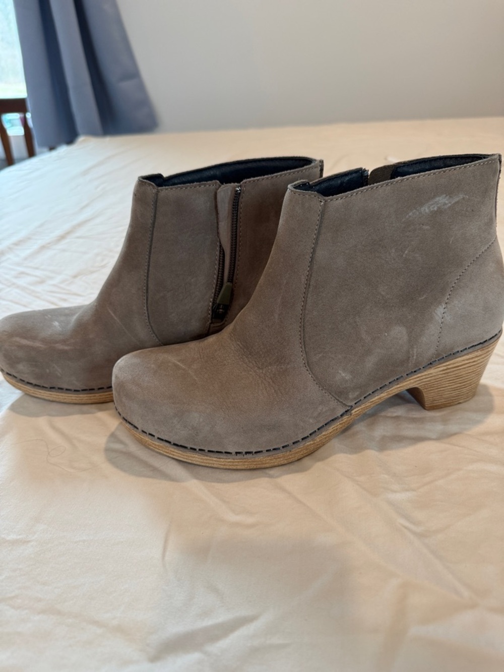 Dansko Taupe Suede Ankle Booties with Low Stacked Heel